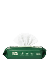 a Wipe coming out of a unscented earth rated grooming wipe pack