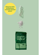 These poop bags are made from 65% certified post-consumer recycled plastic. Photo demonstrates how a used water bottle is transformed into a poop bag