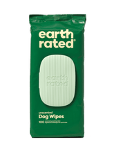 A pack of Earth Rated unscented dog grooming wipes with 100 wipes inside.
