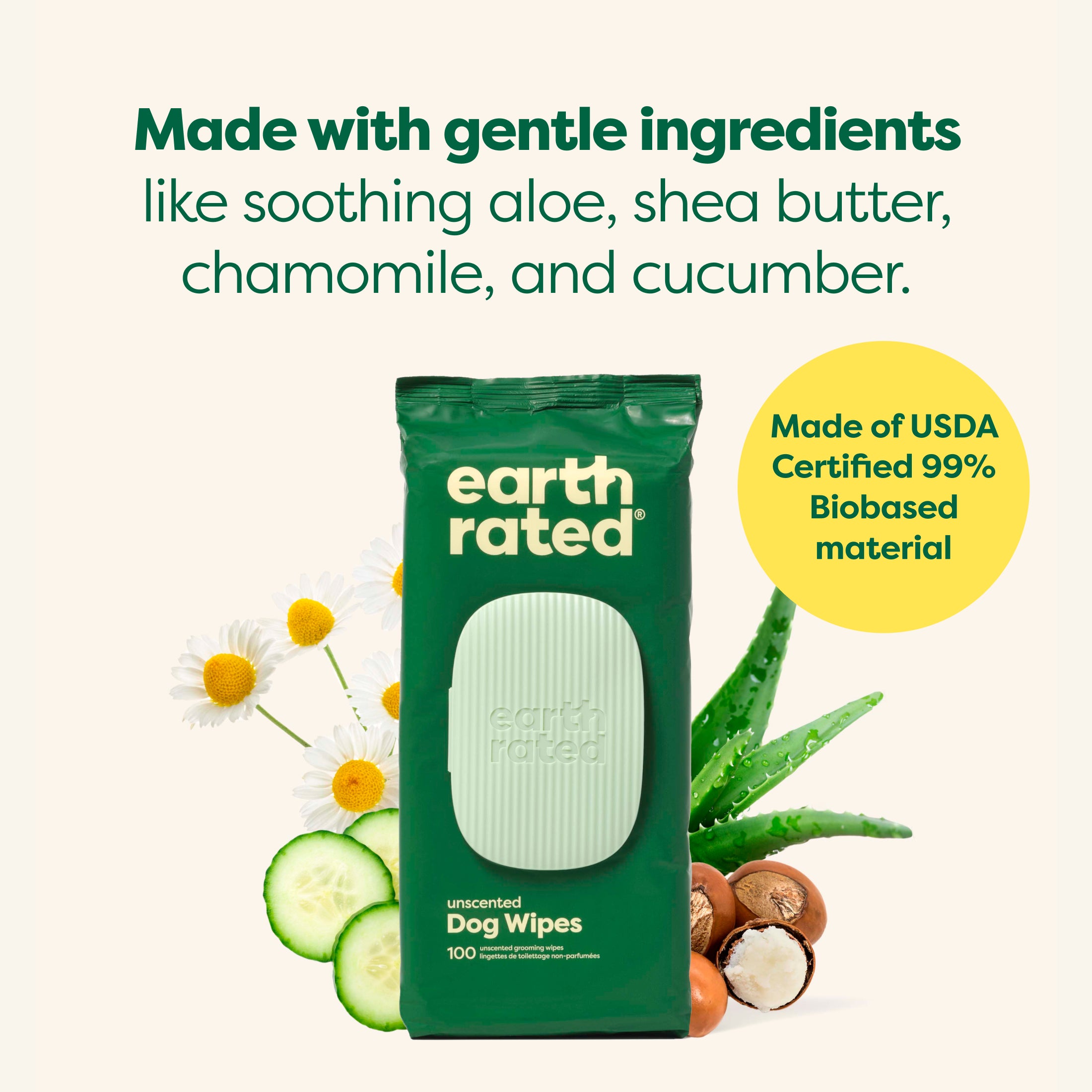 Earth Rated Dog Wipes are made with gentle ingredients including aloe, shea butter, chamomile and cucumber 