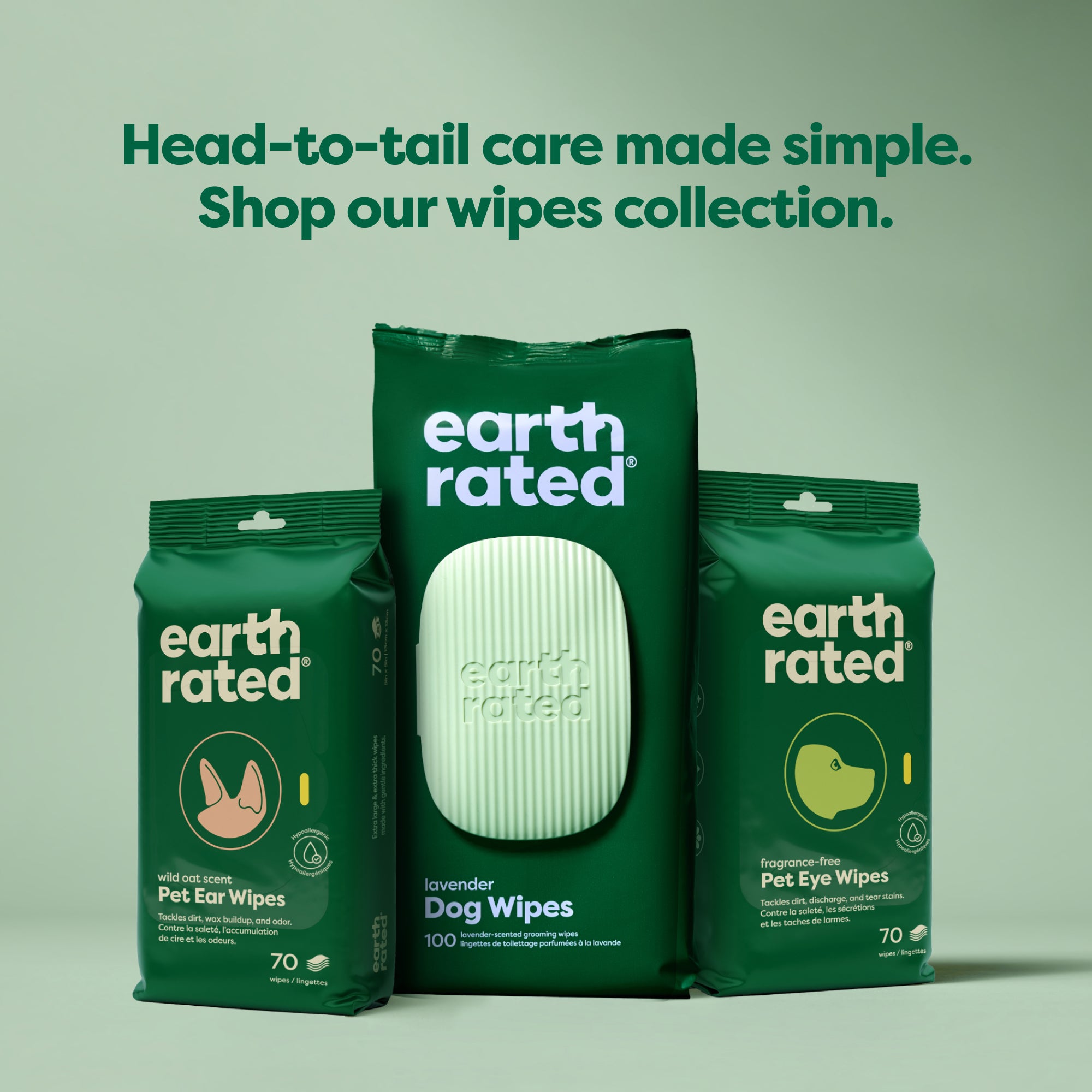 showing a selection earth rated ear, eye and grooming wipes 