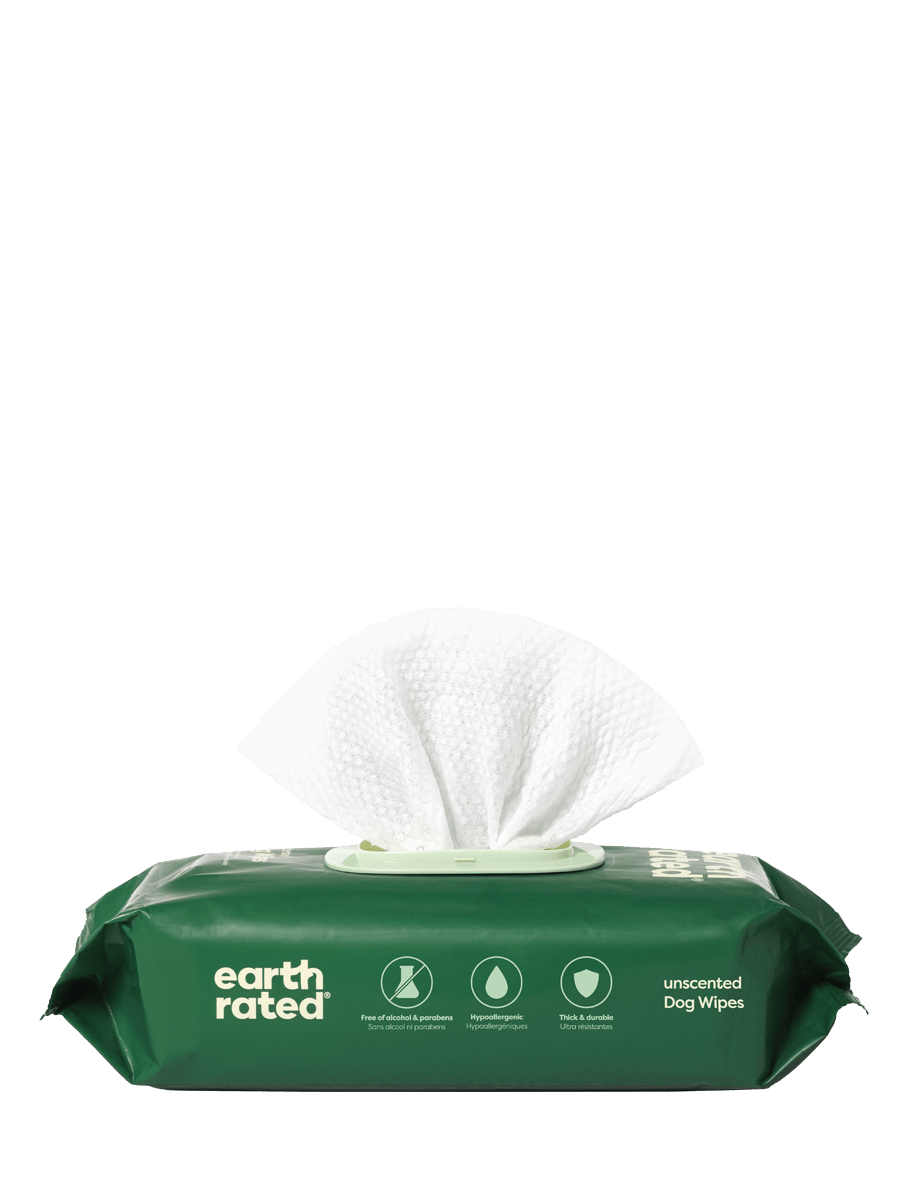 a Wipe coming out of a unscented earth rated grooming wipe pack 